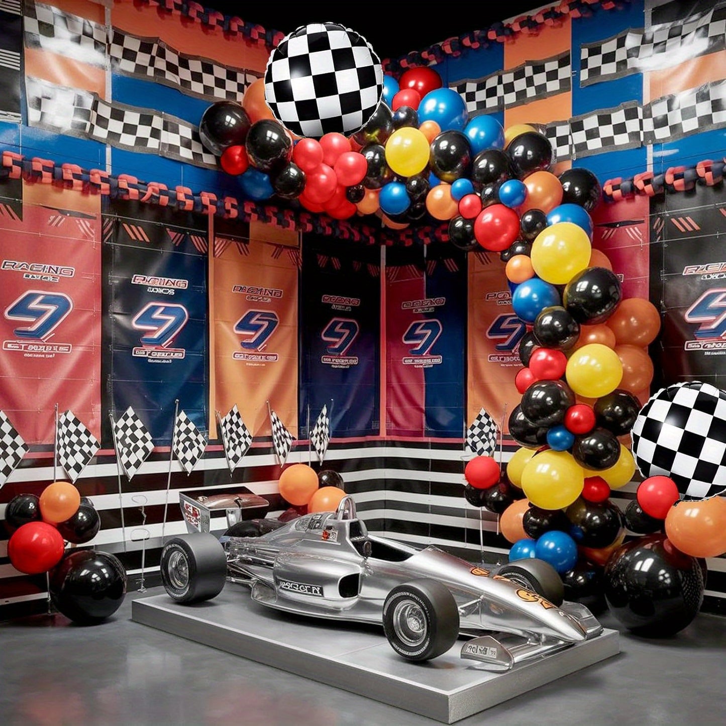 Kit Arco de Globos de Carreras  – Globos Metálicos y de Látex, Ideal para Cumpleaños, Aniversarios y Fiestas Temáticas