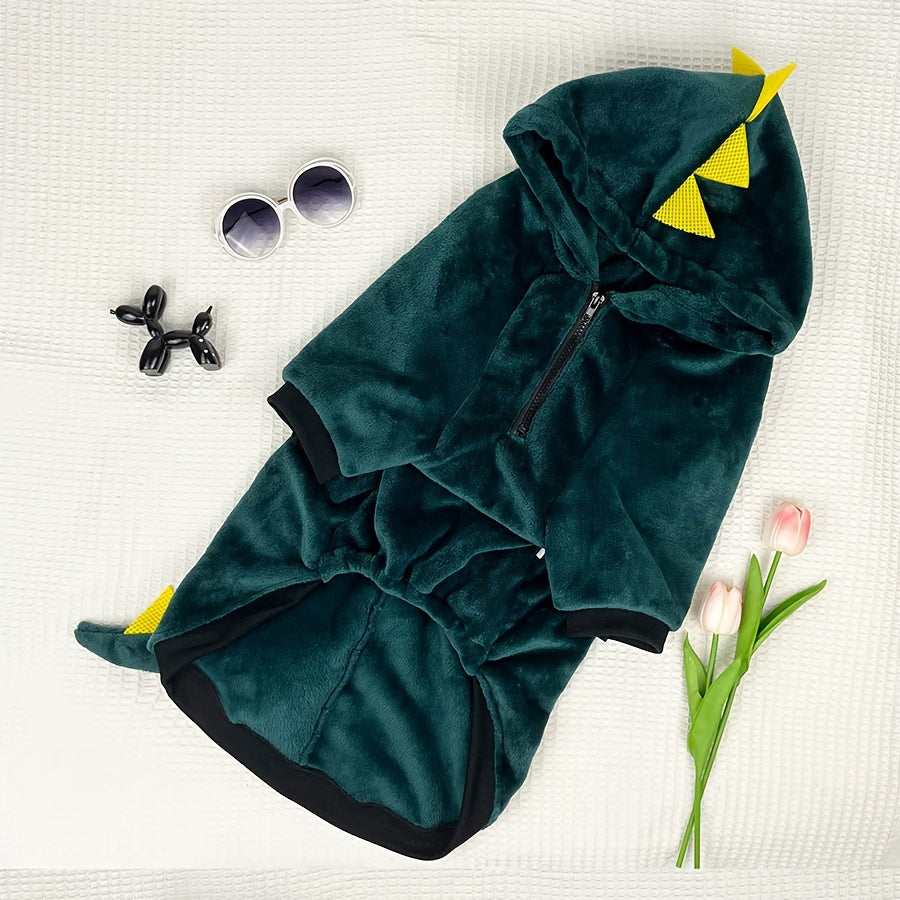 Dinosaur Themed Dog Transformer Hoodie - Winter Flannel Pullover with Hood, Zipper, and Animal Design for Large Breeds - Machine Washable Polyester Knit Fabric with Polyester Fill