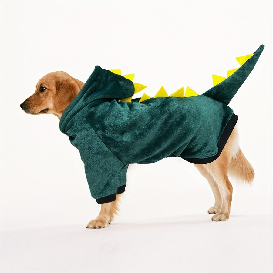Dinosaur Themed Dog Transformer Hoodie - Winter Flannel Pullover with Hood, Zipper, and Animal Design for Large Breeds - Machine Washable Polyester Knit Fabric with Polyester Fill
