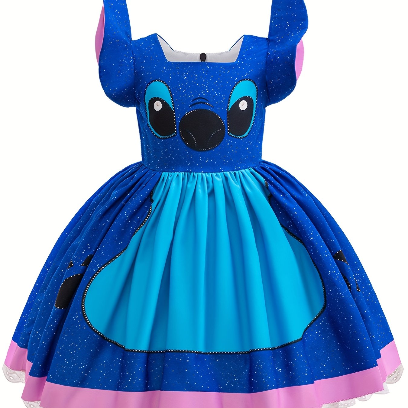 Vestido de Fiesta Infantil de Stitch Rosa y Azul con Mangas Voladas