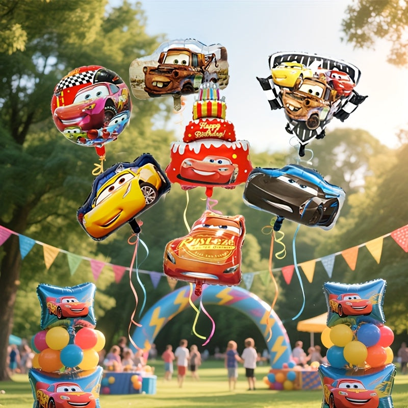 Set de 7 Globos Cars Lightning McQueen – Decoración de Fiesta con Pastel y Autos de Carreras, Rojo/Azul/Amarillo