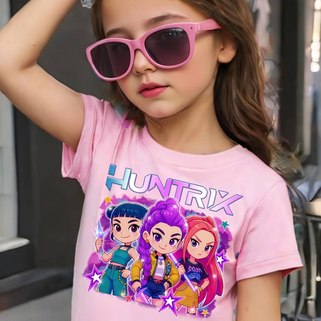 Playera KPOP Huntrix rosa con Detalles Morados y Rosas | Estilo Coreano Infantil