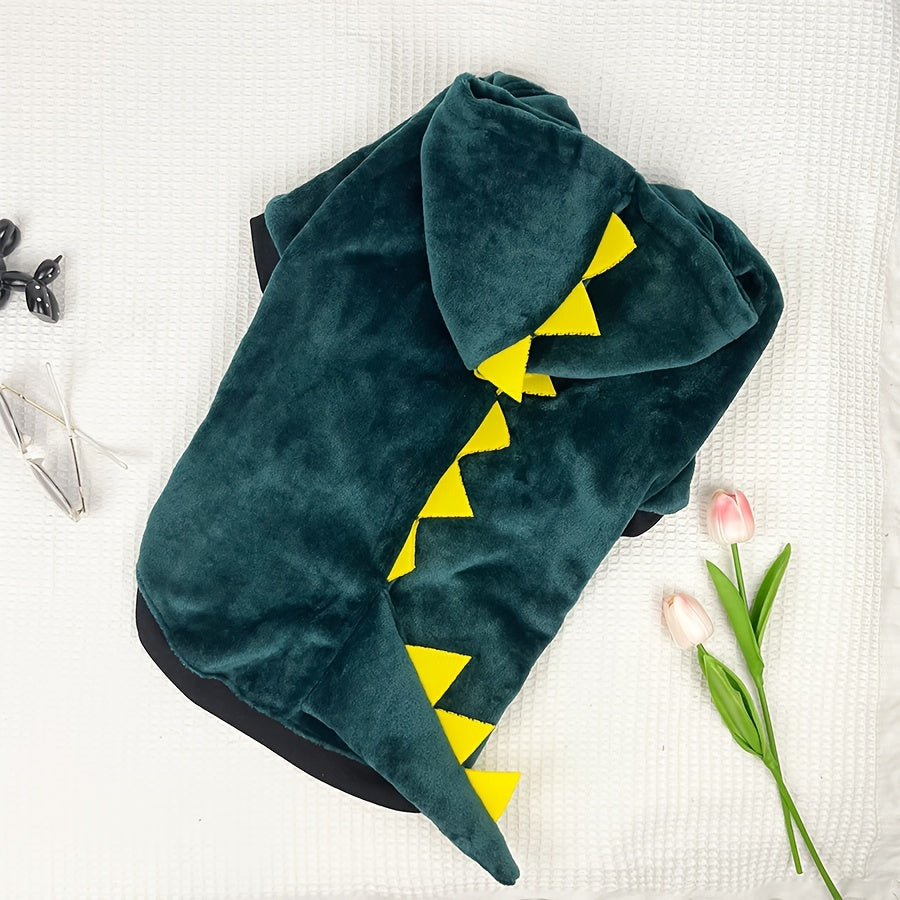 Dinosaur Themed Dog Transformer Hoodie - Winter Flannel Pullover with Hood, Zipper, and Animal Design for Large Breeds - Machine Washable Polyester Knit Fabric with Polyester Fill