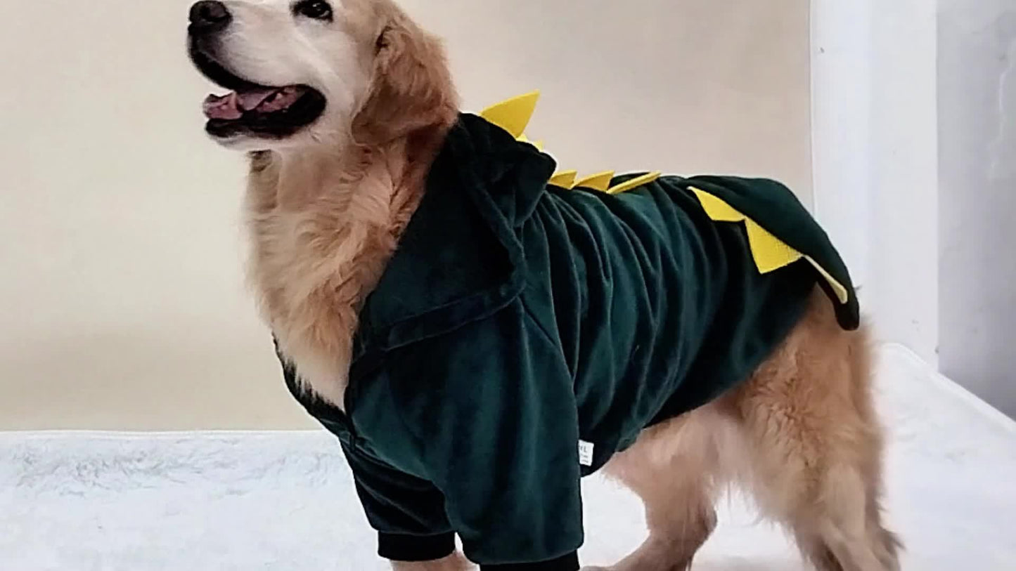 Dinosaur Themed Dog Transformer Hoodie - Winter Flannel Pullover with Hood, Zipper, and Animal Design for Large Breeds - Machine Washable Polyester Knit Fabric with Polyester Fill