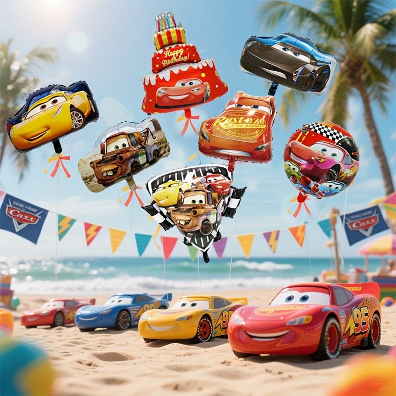 Set de 7 Globos Cars Lightning McQueen – Decoración de Fiesta con Pastel y Autos de Carreras, Rojo/Azul/Amarillo