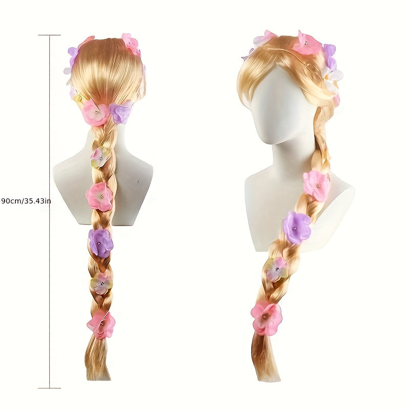Peluca larga dorada de princesa con trenzas florales