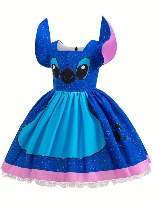 Vestido de Fiesta Infantil de Stitch Rosa y Azul con Mangas Voladas