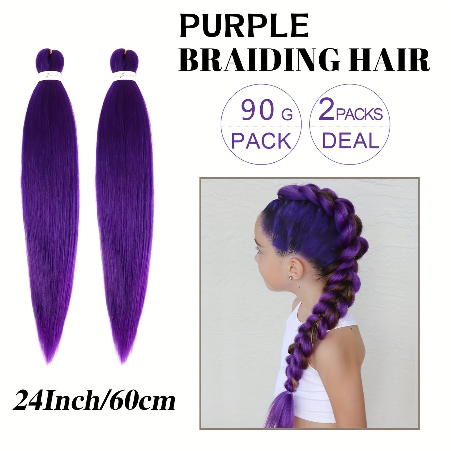 Paquete de 2 Extensiones de Trenzado Color Morado – Cabello Sintético Textura Yaki, 60.96 cm, Pre-estirado y Moldeable con Agua Caliente