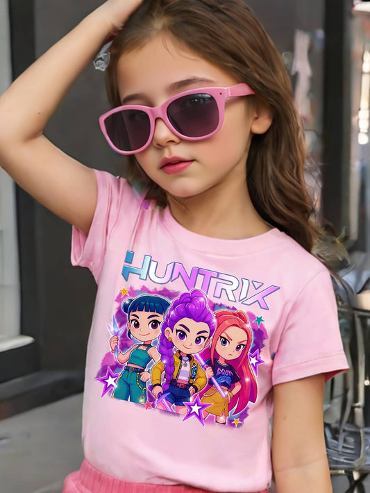 Playera KPOP Huntrix rosa con Detalles Morados y Rosas | Estilo Coreano Infantil