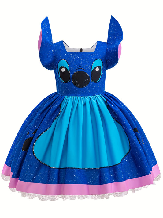 Vestido de Fiesta Infantil de Stitch Rosa y Azul con Mangas Voladas