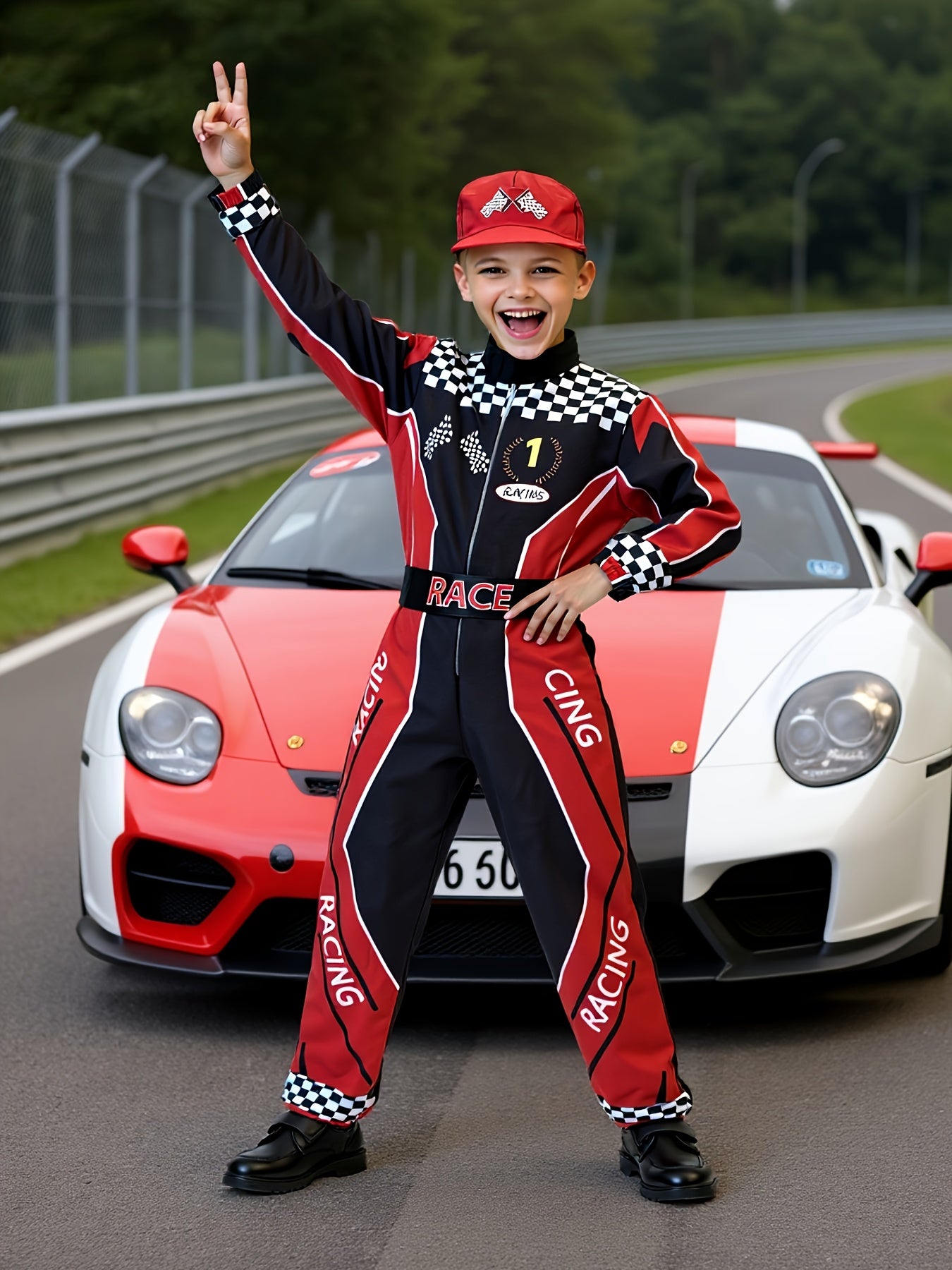 Disfraz de Piloto de Carreras Infantil – Set 3 Piezas con Cinturón y Gorro