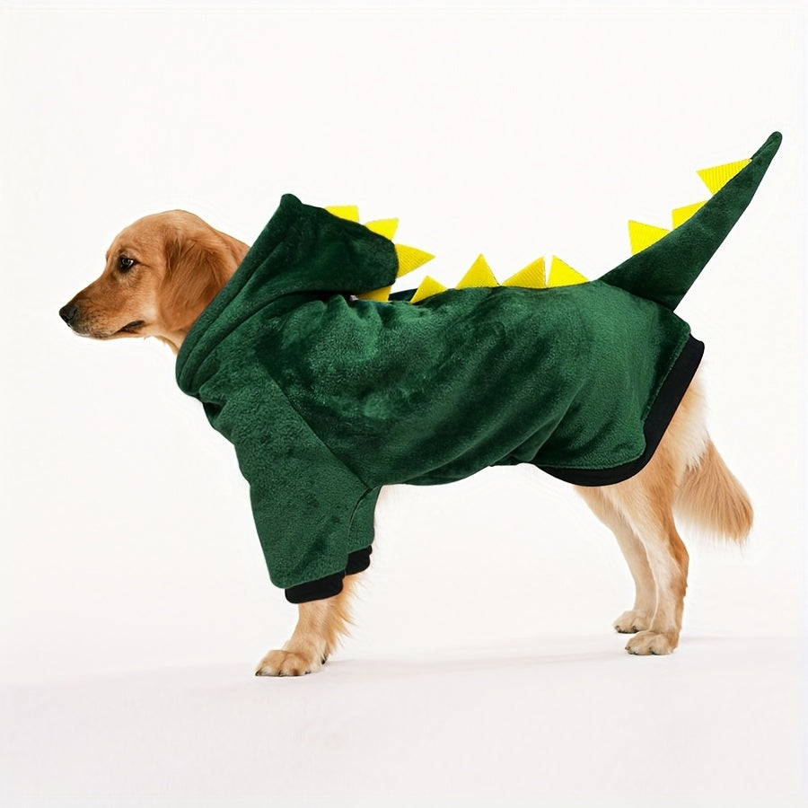 Dinosaur Themed Dog Transformer Hoodie - Winter Flannel Pullover with Hood, Zipper, and Animal Design for Large Breeds - Machine Washable Polyester Knit Fabric with Polyester Fill