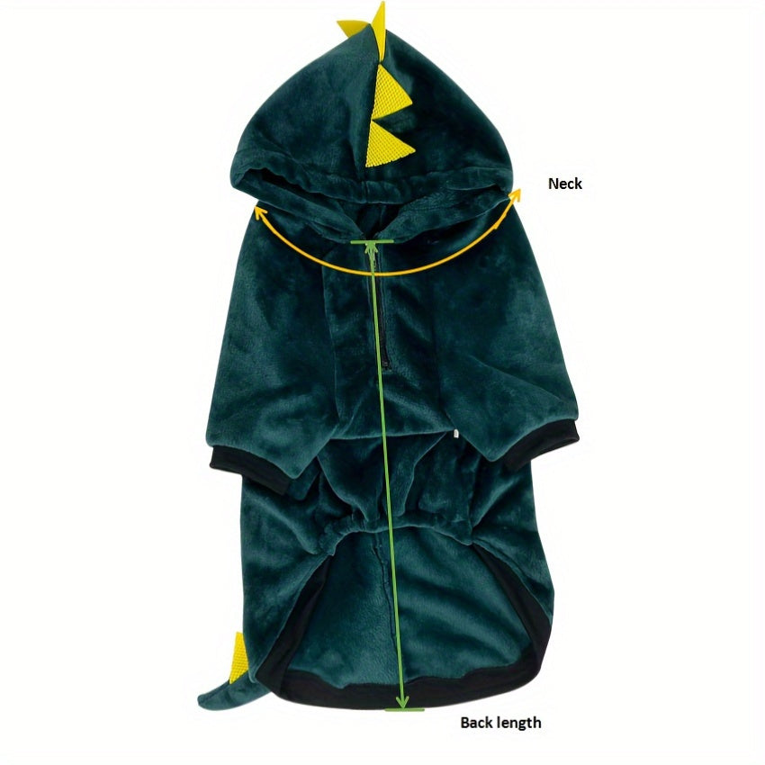 Dinosaur Themed Dog Transformer Hoodie - Winter Flannel Pullover with Hood, Zipper, and Animal Design for Large Breeds - Machine Washable Polyester Knit Fabric with Polyester Fill