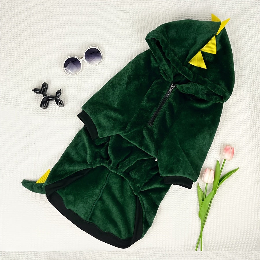 Dinosaur Themed Dog Transformer Hoodie - Winter Flannel Pullover with Hood, Zipper, and Animal Design for Large Breeds - Machine Washable Polyester Knit Fabric with Polyester Fill