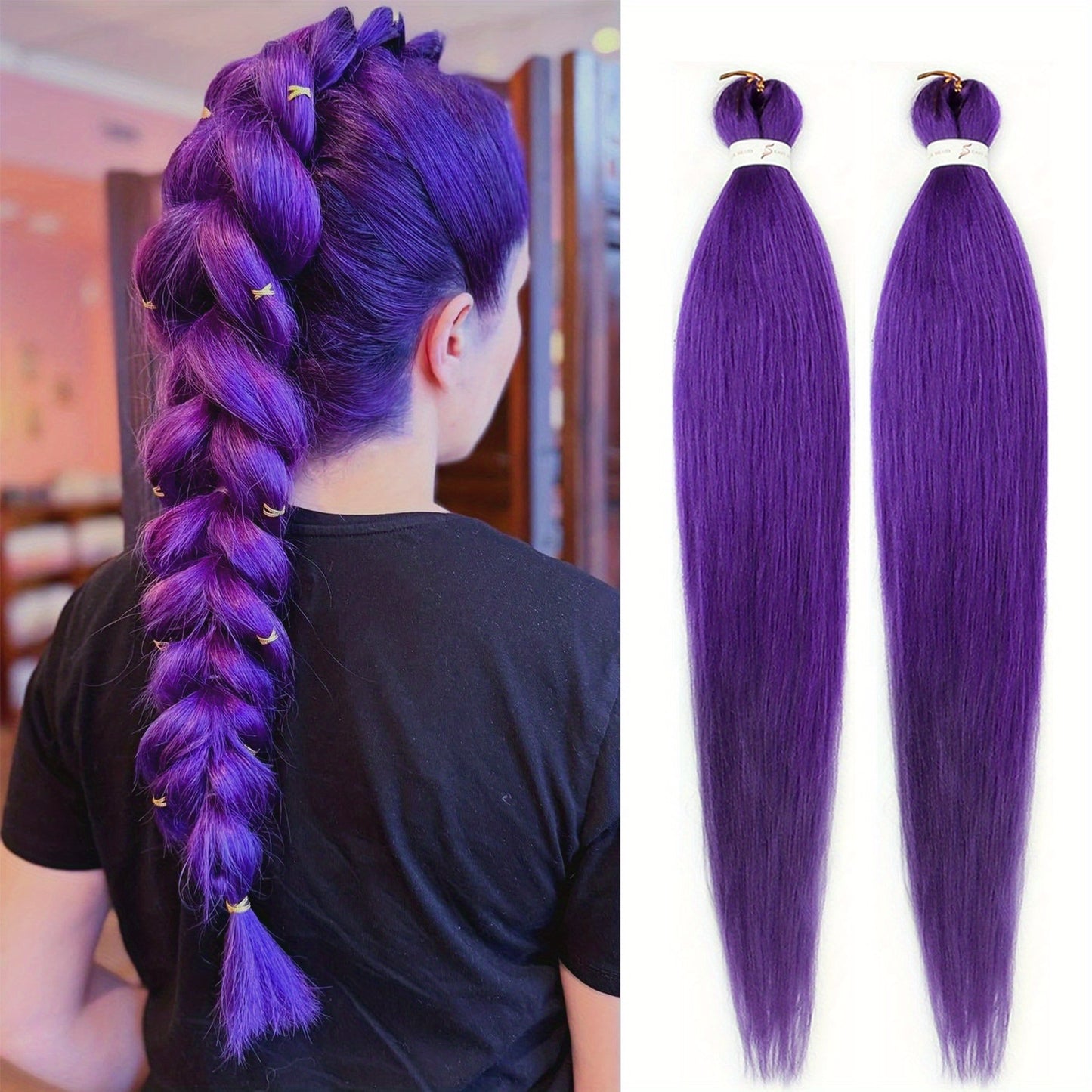 Paquete de 2 Extensiones de Trenzado Color Morado – Cabello Sintético Textura Yaki, 60.96 cm, Pre-estirado y Moldeable con Agua Caliente